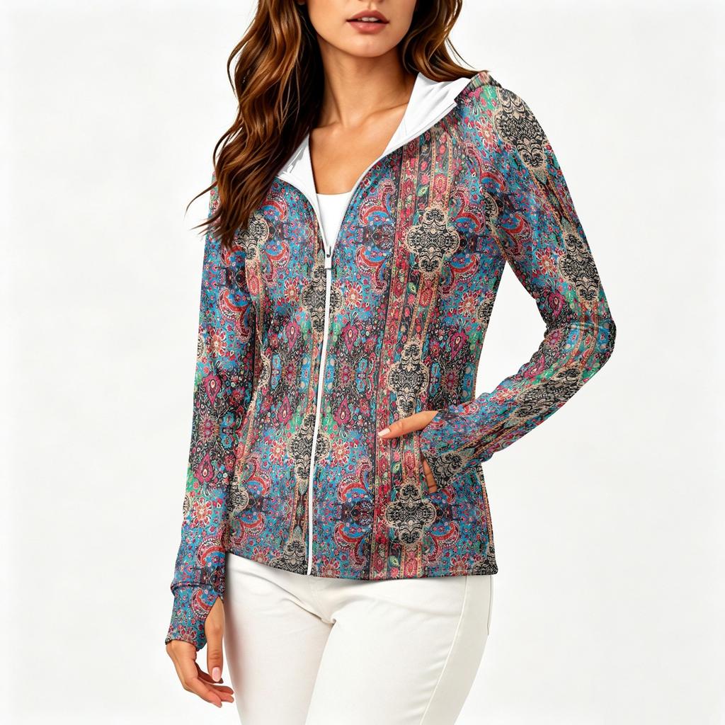 Women Lightweight Zip Up Hooded Jacket Long Sleeve with Pockets Printed Sun Protection Outerwear for Outdoor Activities