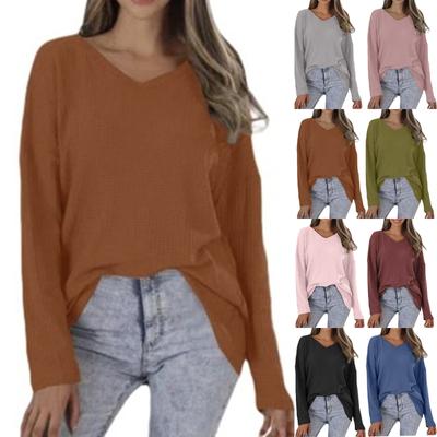 Women's Autumn/Winter Fashion Long Sleeve V-Neck Loose Pullover Bottom Shirt Top