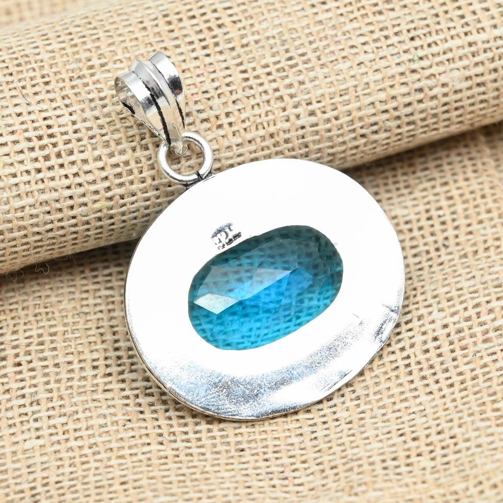 Colgante de joyería hecho a mano de plata de ley 925 maciza con piedra preciosa de topacio azul