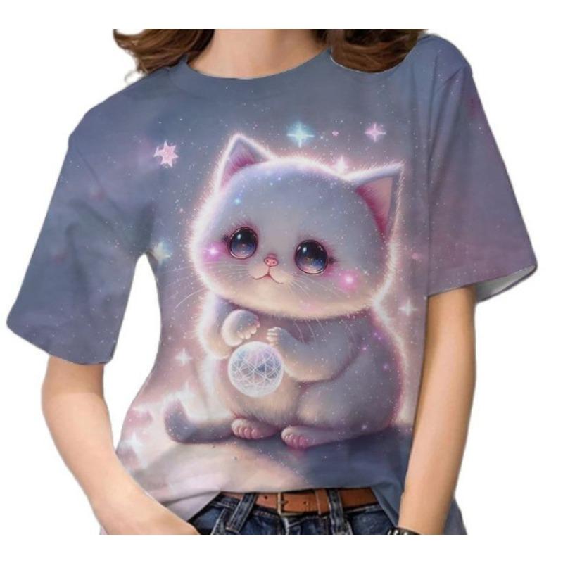 Summer Round Neck 3D Cat Printed Top Fashionable Casual Short Sleeved Children's Girl T-shirts