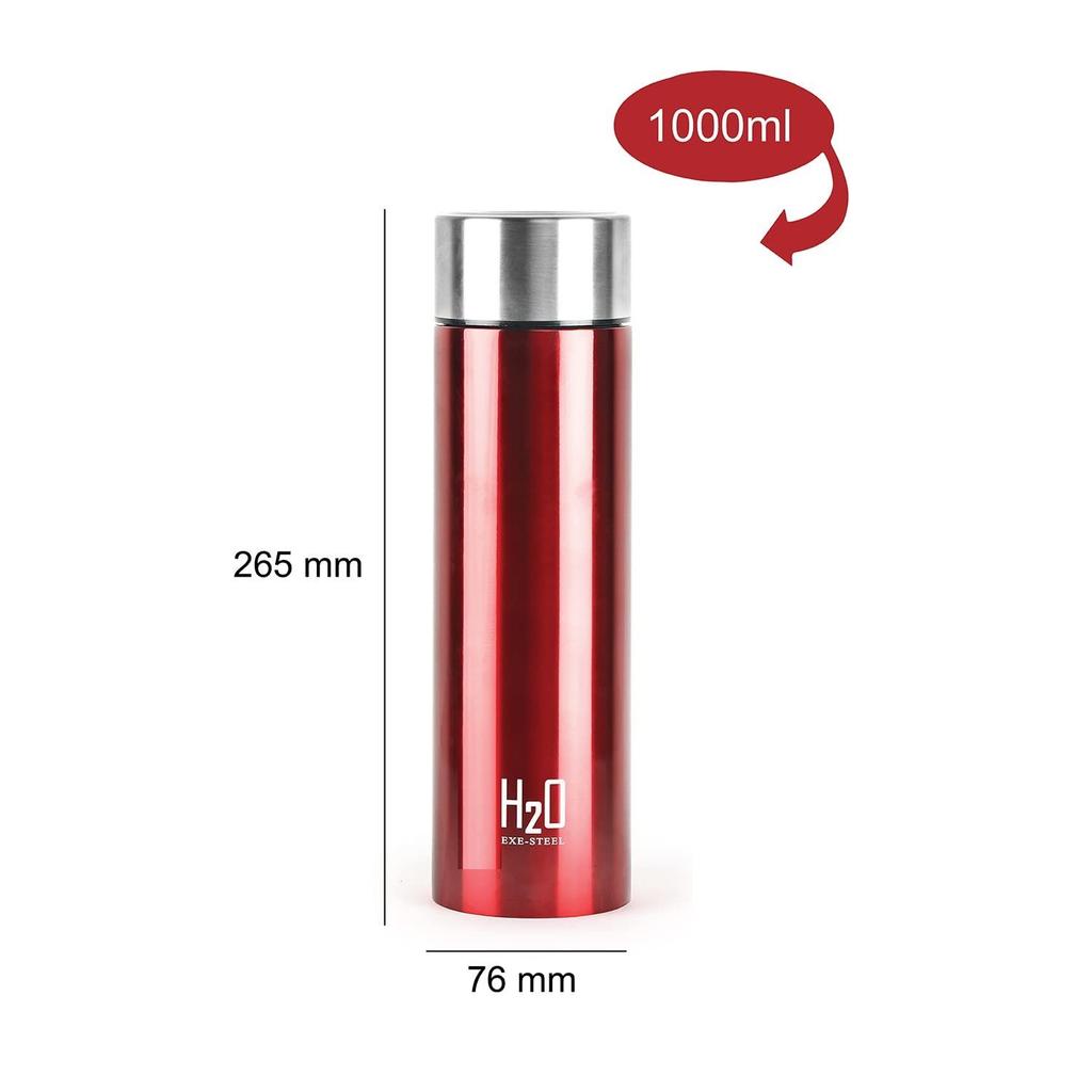 Stainless Steel Water Bottle 1000ml, Red | ISI Certified | Single Wall |Leakproof, Rust-Proof | Food Grade, Easy to Carry | Ideal for Fridge