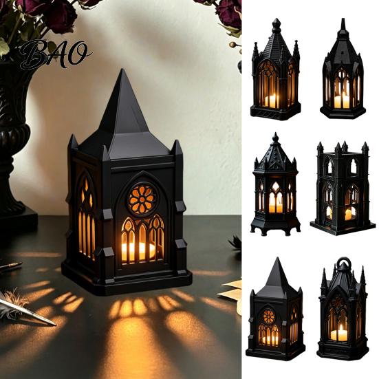 Luminous Figurine for Home Gothic Cathedral LED Candle Lantern, Church Shaped Flameless Tealight Lamp, Holiday Party Ornament Spooky Vintage