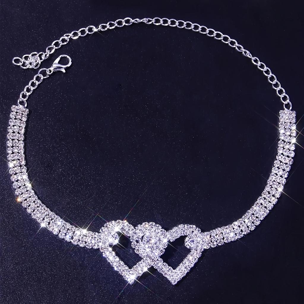 2Set of Heart-shaped Rhinestone Anklets Shiny Beach Foot Jewelry Wedding Accessories