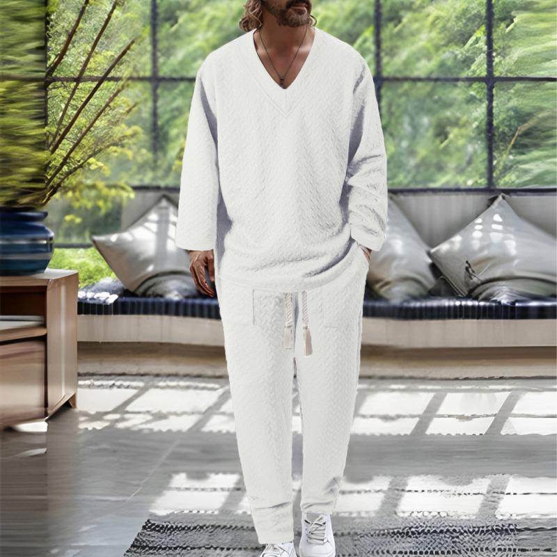 Autumn Casual Men's Textured  Solid Color V-neck Pullover Short Sleeve Drawstring Pocket Trousers Set