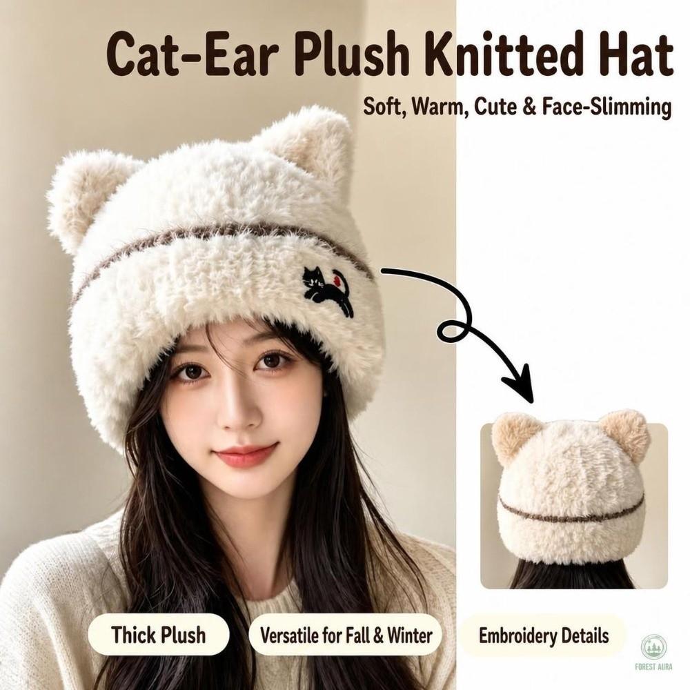 Cold Proof Plush Knit Hat Warm Cat Ear Hat Comfortable Fall Winter Skull Cap Casual Wear