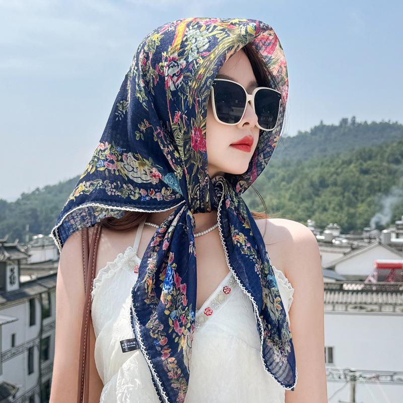 Pastoral retro floral linen triangle silk scarf women's spring and autumn literary tie code packet of the released version headscarf sunscreen shawl