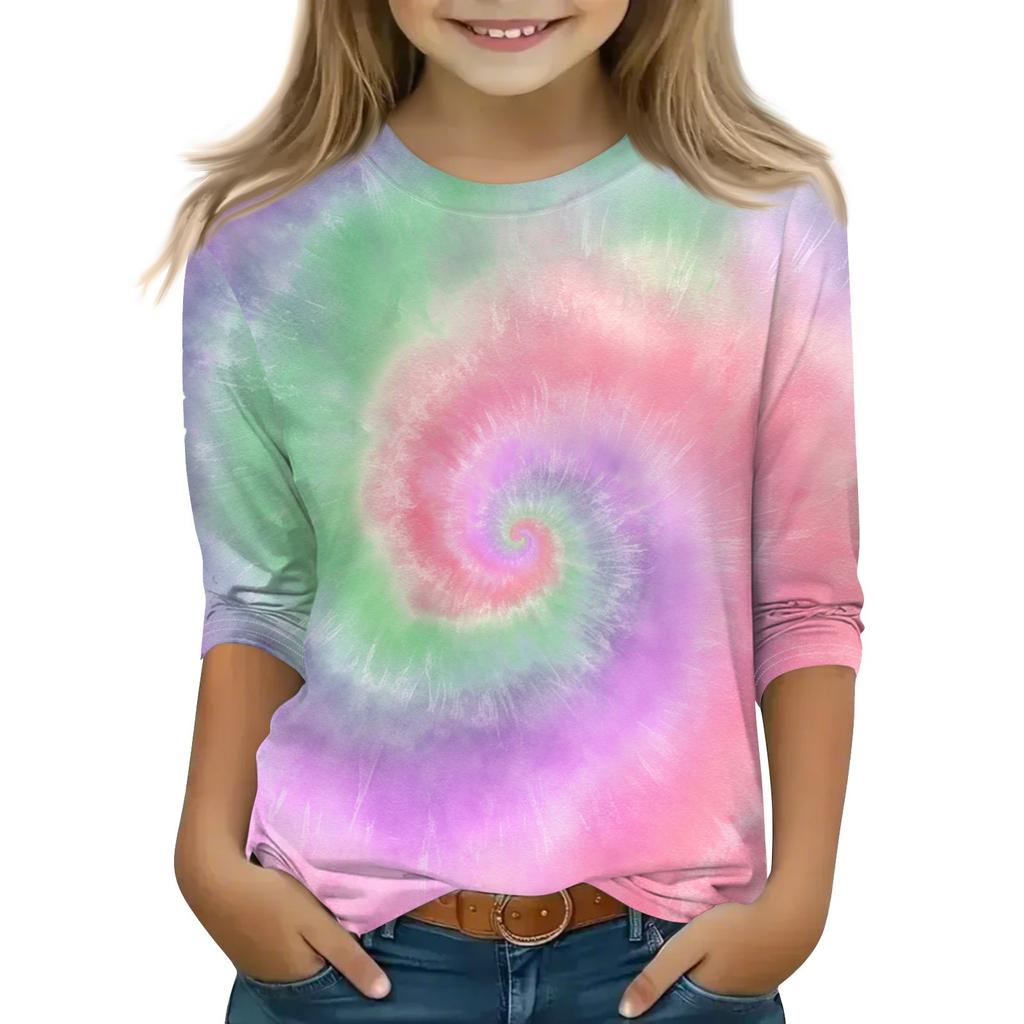 Print Tops For Youth Girls Round Neck 3/4 Sleeves T-Shirts Trendy Tops Outfit Tees