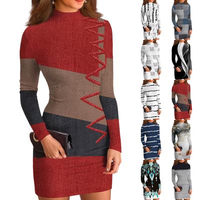 Dámské ležérní šaty s vysokým krkem, dlouhým rukávem, potiskem a slim-fit střihem