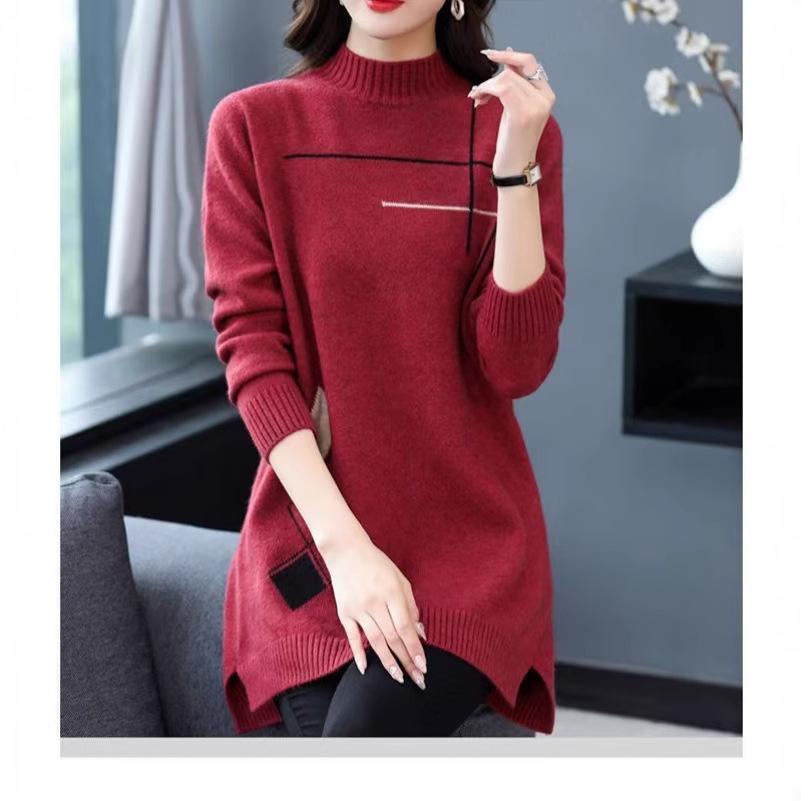 

Осень Зима Женский Свитер Пуловер Высокий Повседневный Воротник-стойка Мама Средней Длины Вязаное Платье Майка Женский 3XL