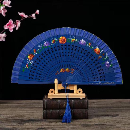 Faltfächer mit Quasten, doppelseitig, Blumenmuster, hohle Holzrippen, Laufstege, Tanz-Wing-Chun-Requisiten, Damen, Sommer-Handfächer, Partyzubehör