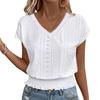Women Tops V-Neck Short Sleeve Jacquard Decoration Pullover Tops Solid Color Loose Fit Elastic Hem T-shirt