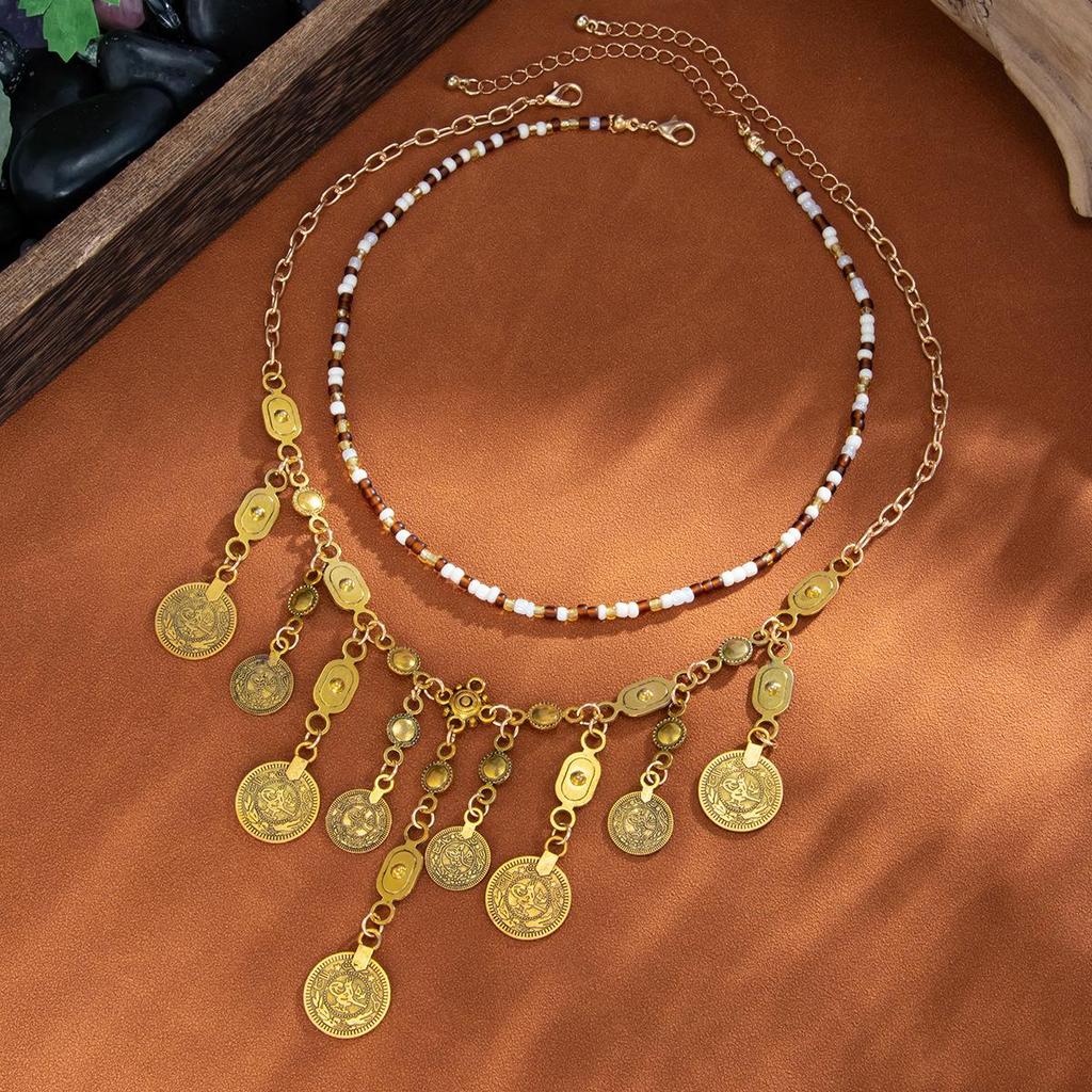 Bohemian Coin Pendant Beaded Necklace for Women - European and American Exotic Style