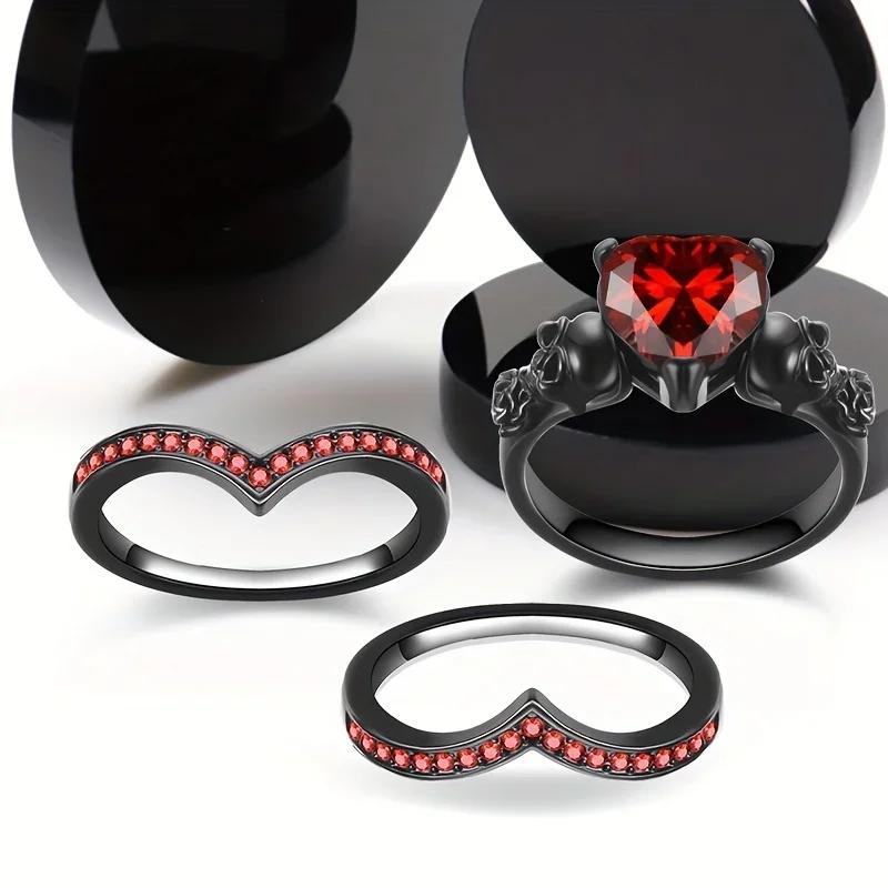 Gothic Style Rings Heart Shape Zircon Horror Skull On The Band Black / Red / Purple Just Pick One Halloween Decor