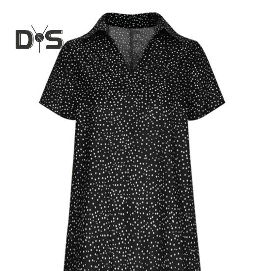 Summer Dress Dot Printing Short Sleeves Loose A-line Shirt Dress V Neck Knee Length Midi Dress for Dating Travel Vacation