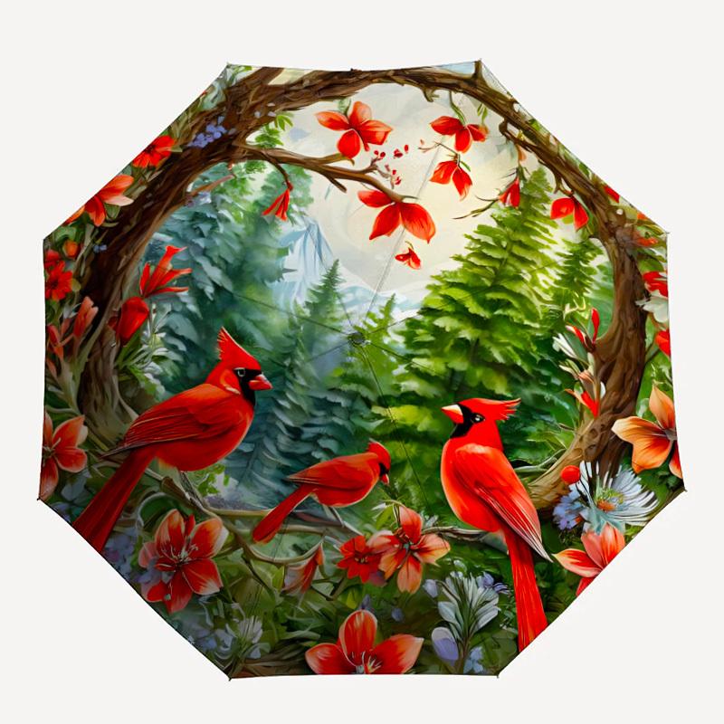 

1pc Forest Cardinals Automatic Folding Umbrella, Sturdy And Durable Automatic Folding Umbrella with 8 Ribs, Convenient for Outdoor Use076