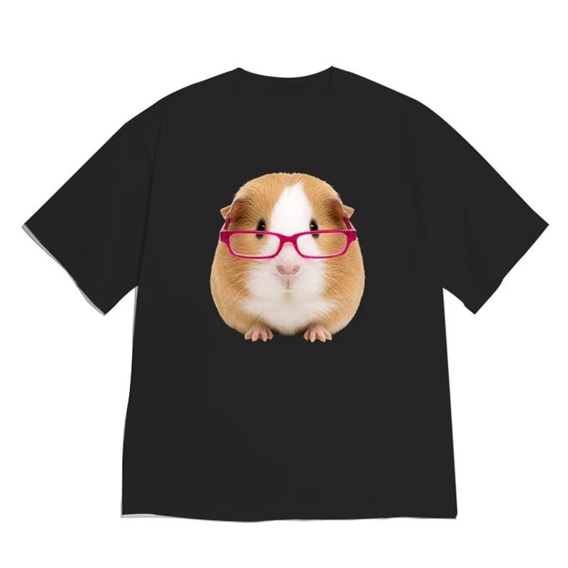 2026 Cute Guinea Pig With Pink Glasses Graphic T Shirt Unisex Loose Oversized Short Sleeve Y2k Harajuku S