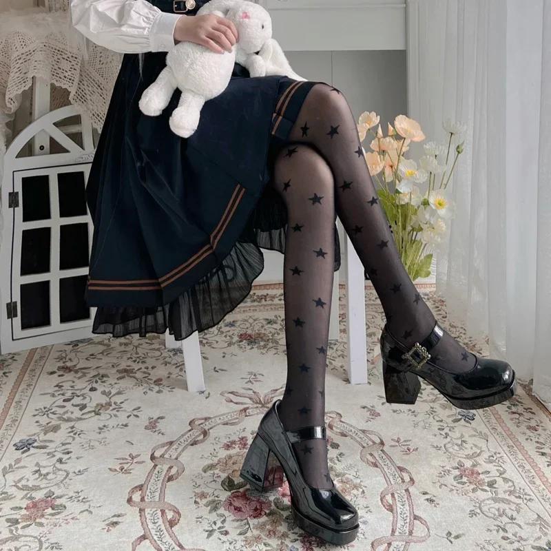 Women Star Print Tights Ultra-thin Nylon Thigh High Summer Stockings Pantyhose Women JK Japanese Style Y2k Girls Black Tights