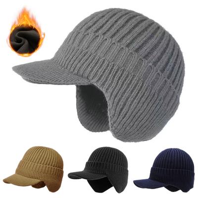 Men Knitted Hat with Fleece Lining All-Weather Protection Ear Coverage Hat Stretchy Design Winter Windproof Hat
