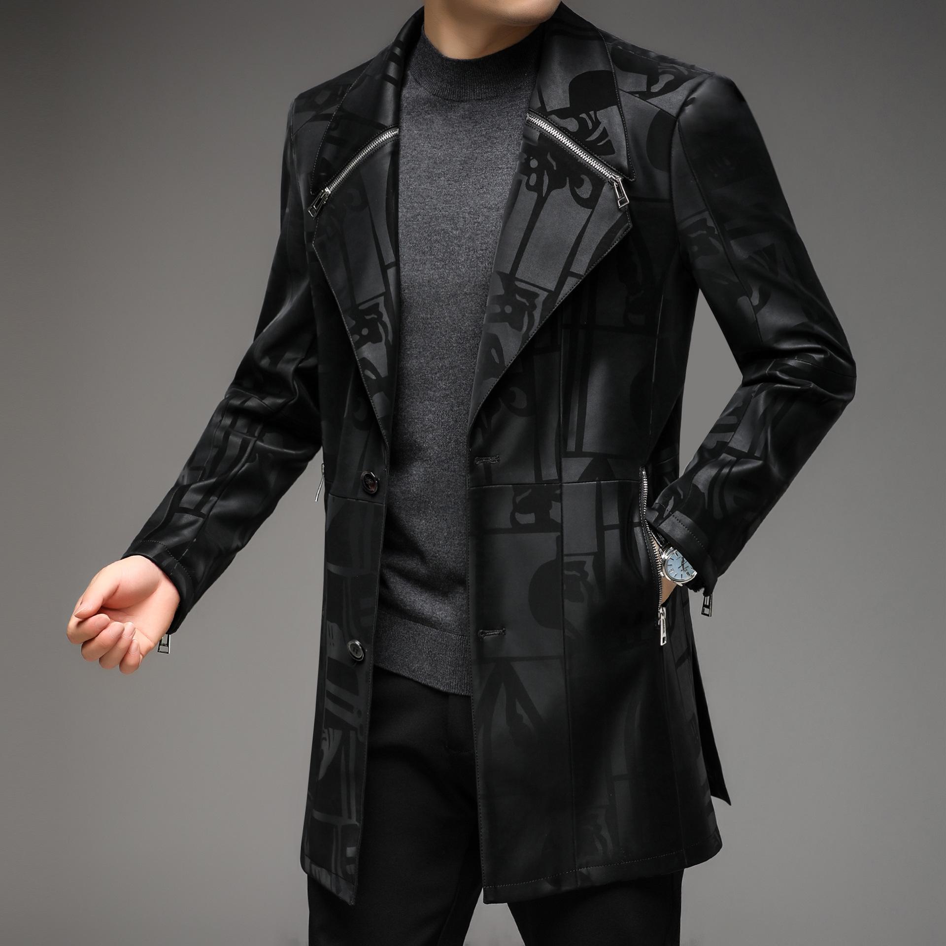 

Новые мужские кожаные куртки с узорами, модные тенденции для среднего и молодого возраста, осенние и зимние кожаные куртки высокого класса, кожаные ветровки средней длины 195