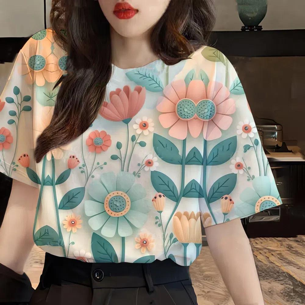 Summer Round Neck 3D Print Beautiful Flower Pattern Top Fashionable Casual Short Sleeved Women's T-shirts