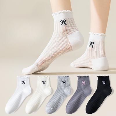 Damen Frühlings- und Sommersocken, dünn, kurz, mit perforiertem Netz, atmungsaktiv und antibakteriell, Baumwollsocken im Ballett-Stil mit bestickter Schleife