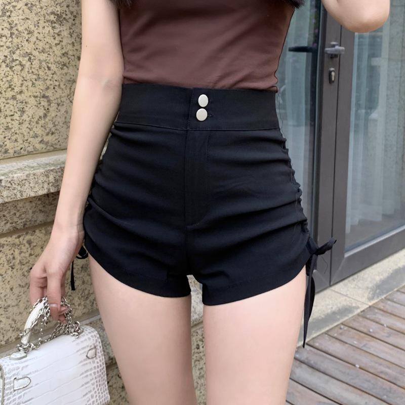 

Женские шорты с высокой талией, сборками и кулиской, с широкими штанинами - Черные XS [Recommended 35-40 kg]