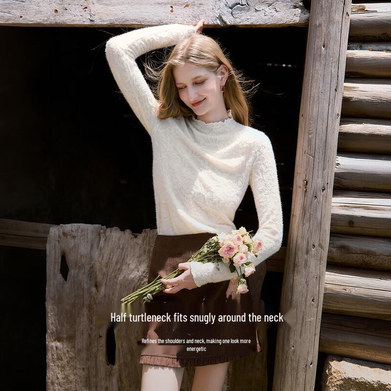 Women's Jacquard Semi-High Collar Long Sleeve T-shirt