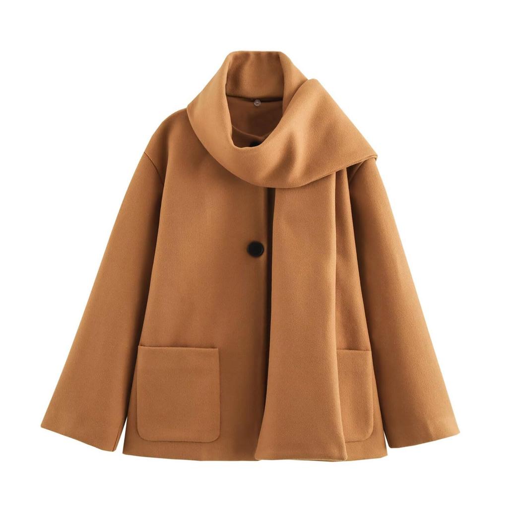 Fashionable Women's Casual Detachable Scarf Woolen Coat Jacket