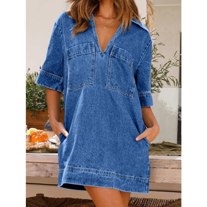 QICED Fashion Summer Spring Solid Color Print Short Sleeve V-Neck Casual Dresses