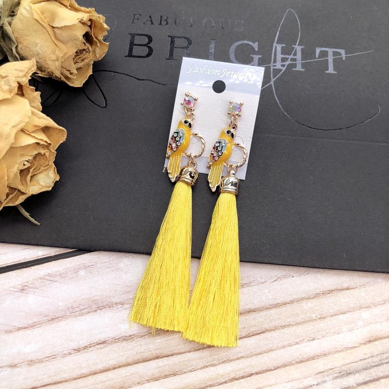 Retro parrot colored diamond fringed long stud earrings femininity versatile ethnic style fashion earrings bridal accessories