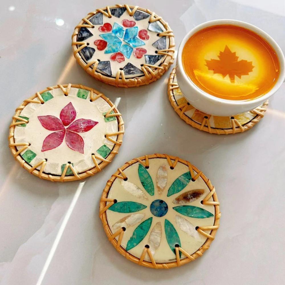 Colorful Seashell Cup Mat Round Coaster Table Decoration Rattan Shell Cup Mat  Dining Table