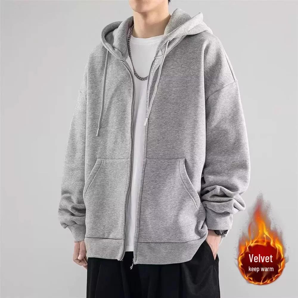 Men's Trendy Hooded Cardigan: Durable Plus Velvet Zipper Jacket for Youth (Spring, Autumn, Winter)