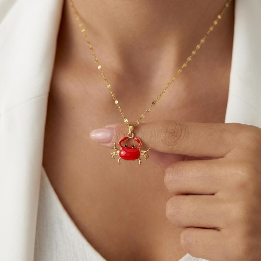 Summer Zircon Shell Pendant Necklace For Women Men Sea Animal Red Lobster Crab Stainless Steel Chain Collarbone Choker Jewelry