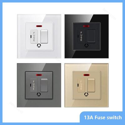 Typ 86 UK 13A Przełącznik z bezpiecznikiem Przełącznik elektryczny Podświetlane wskaźniki Neonowy Czarny Biały Szary Szkło hartowane Bezpiecznik 13A Panel przełącznika ściennego