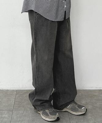 Singkeolupeu Double-Pleat Stone Wash Wide Denim Pants [Gray]