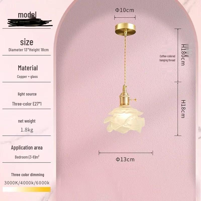 Romantic French Petal Glass Chandelier - Japanese Brass Bar Counter, B&B Living Room, American Retro Bedroom, Bedside Hanging Lamp