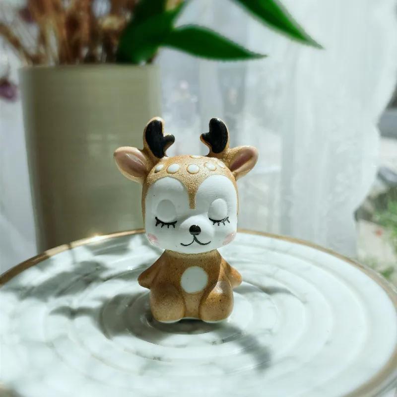 4pcs Set Creative and Cute Cartoon Sika Deer Ceramic Healing Series Small Ornaments Office Tabletop Gifts Desk Decoration