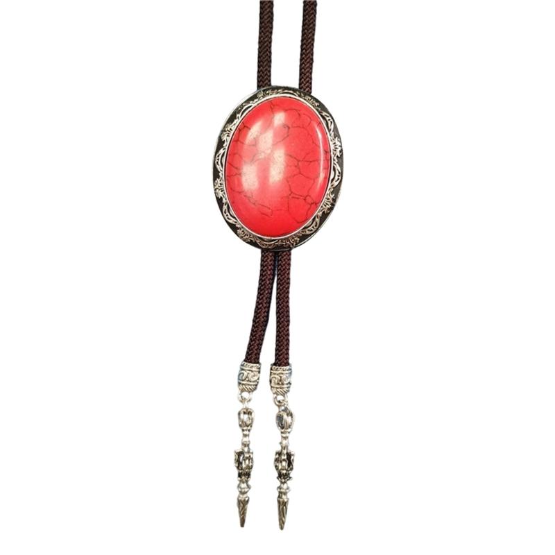 Adjustable Braided Cord Rodeos Bolo Tie Necktie Feature Oval Shape Stone Pendant Western Jewelry Necklace for Men Women