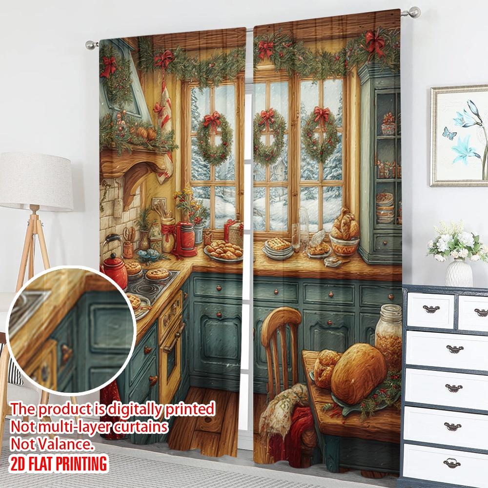 2pcs 2D flat printing Happy Christmas Scene Curtains Christmas Kitchen Scene Cozy Festive Digital Printed Polyester Drapes