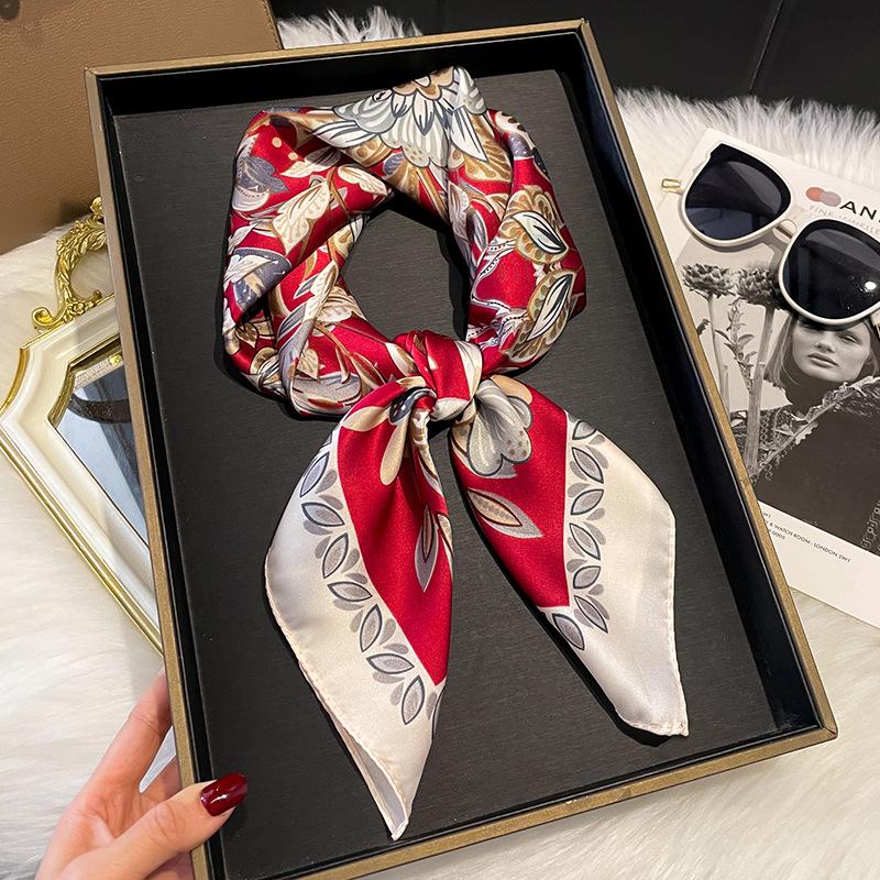 70X70Cm  Soft Ladies Silk Scarf Camellia Print Design Luxury  Satin Scarf All-Match Sunscreen Shawl Turban