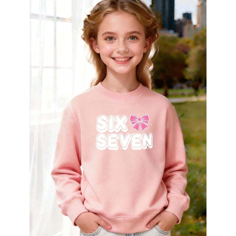 Unisex Kids Red Crewneck Sweatshirt For 4-12 Girls Bubble Font SIX SEVEN Pink Bow Star Print Soft Fleece Long Sleeve Pullover