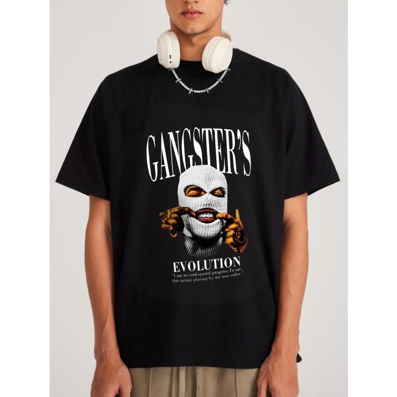 Gangster Evolution T Shirt Black Gangster Mask Graphic and Text Design Streetwear Urban Fashion Style for Men Casual Outfits