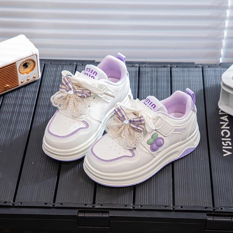 2026 Spring Girls' White Sports Shoes with Bow Knot - Trendy Casual Sneakers for Kids and Teens