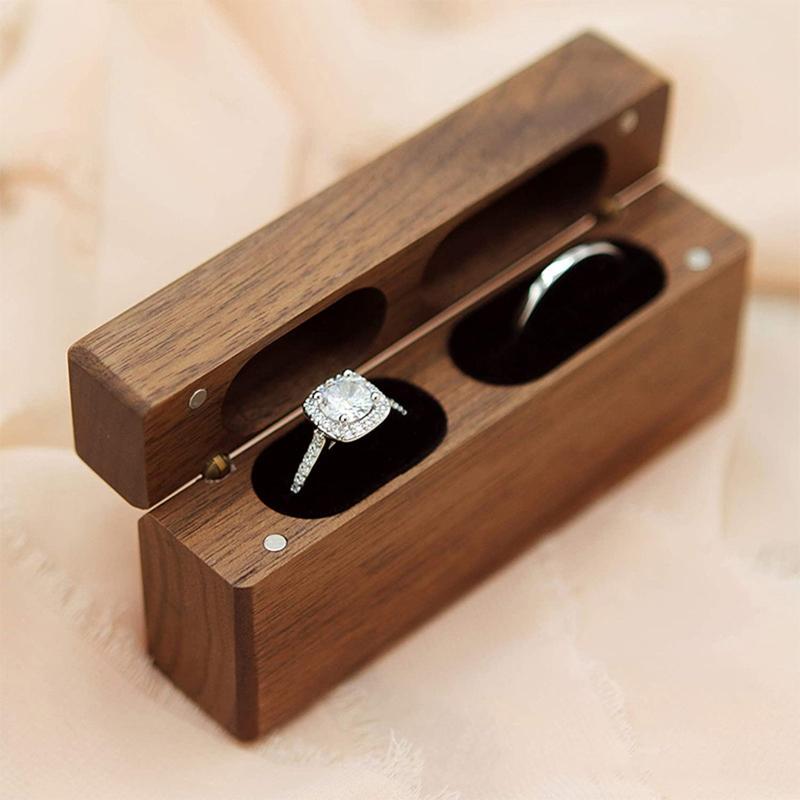 Fashion Wood Ring Box for 2 Rings Slim Double Ring Storage Holder Modern Wedding Ring Bearer Box Decorative Box with Lid