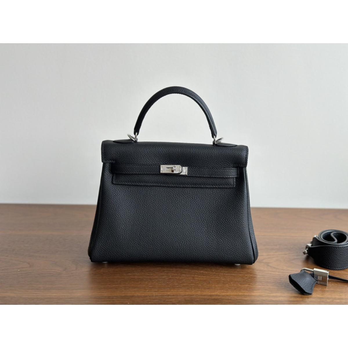 Kazilan Kelli Togo Leder klassische Mode Kelly Tasche hoher Sinn Schulter Umhängetasche Handtasche Damen 25cm black