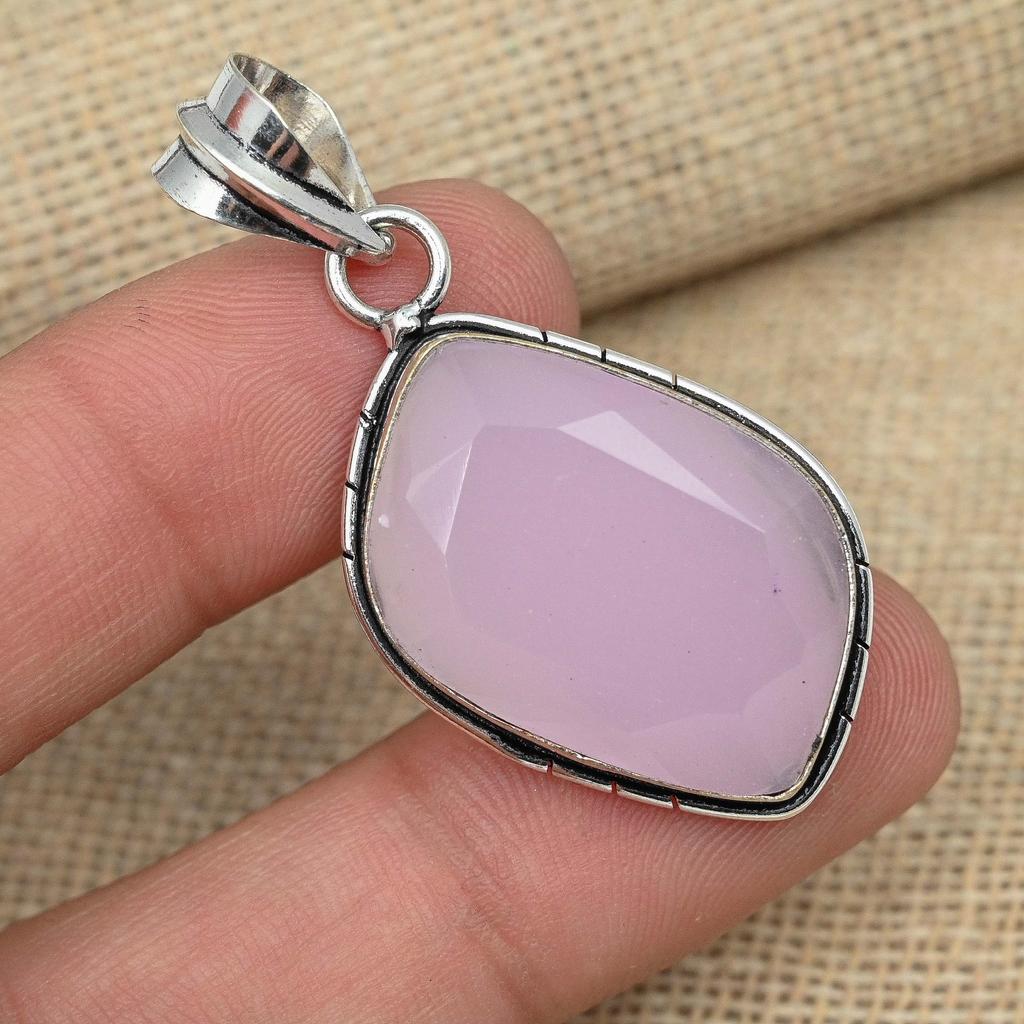 Pink Chalcedony Precious Gemstone 925 Sterling Silver Handmade Unique Pendant Jewelry
