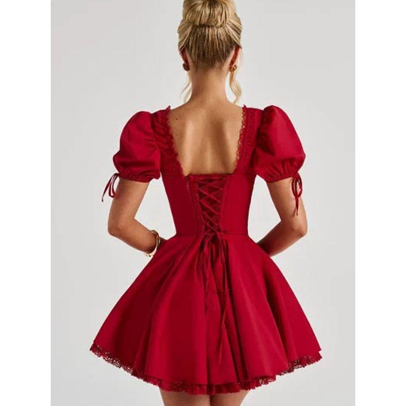 Ballet Hymn Babyboo French Style Sweet Red Square Collar Lace Waist Hugging Slimming Puff Sleeve Dress