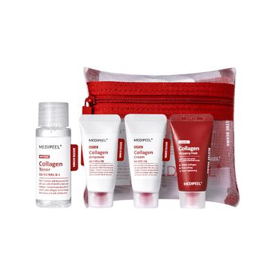 Červená súprava na vyskúšanie pleťovej starostlivosti s laktom a kolagénom (4 položky) – Spevňujúca podpora, Starostlivosť o hydratáciu, Kórejský