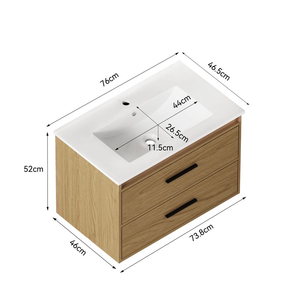 75cm Bathroom Cabinet Light Oak with Ample Storage Space - 2 Drawers