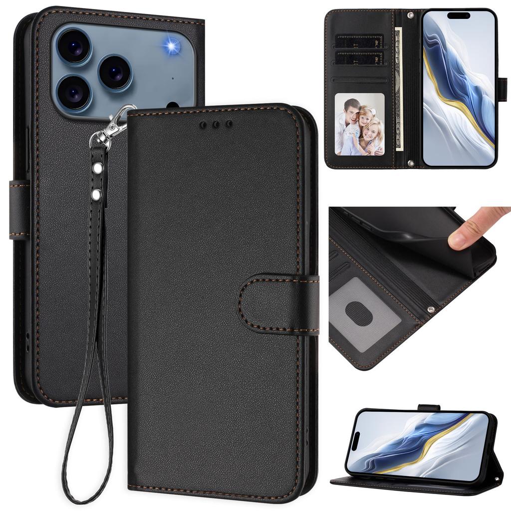 For iPhone 17 Pro Max Leather Case Wallet Stand Phone Cover with Wrist Strap